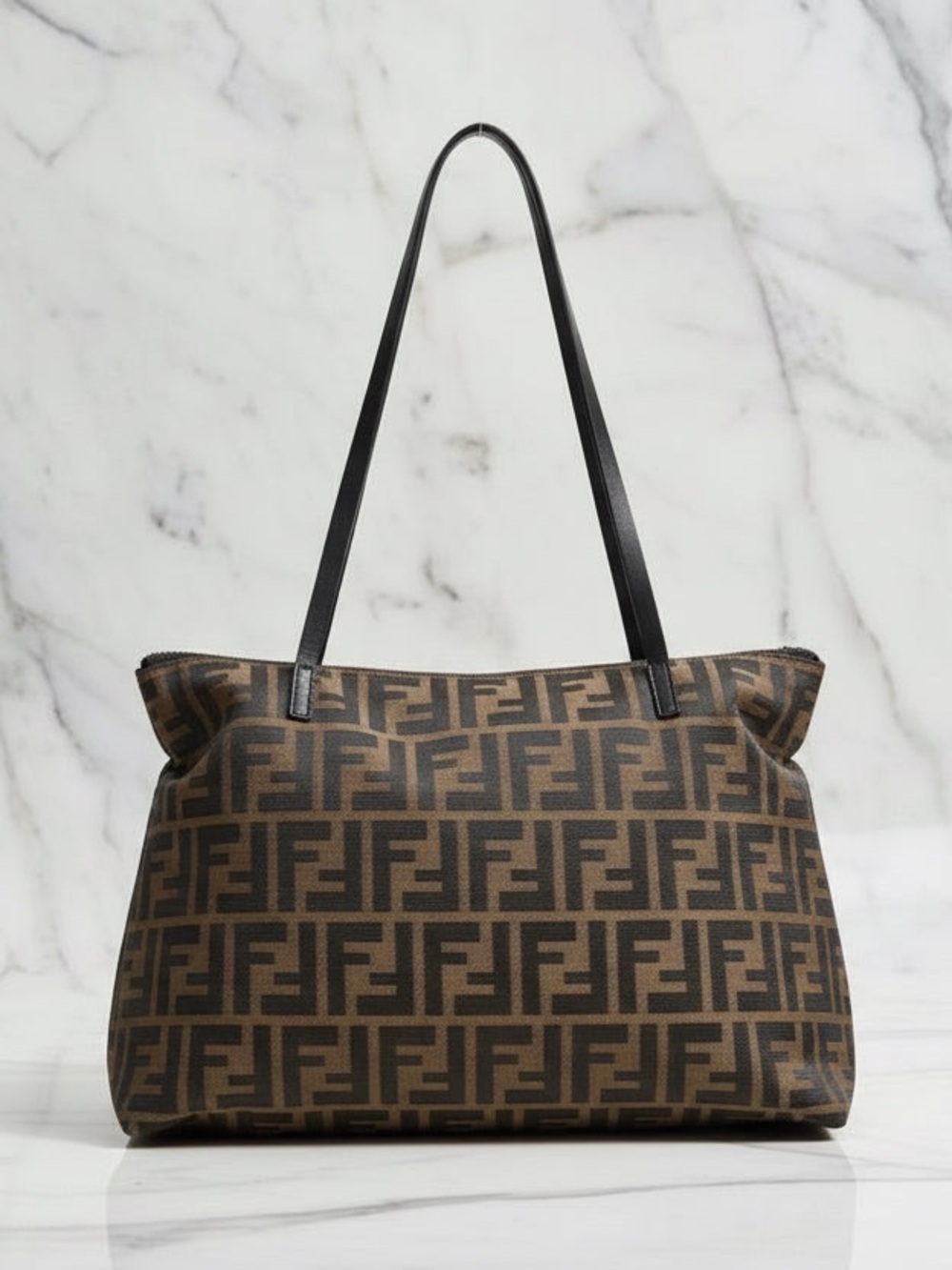 Authentic FENDI Brown FF Logo Canvas Shoulder Tote bag